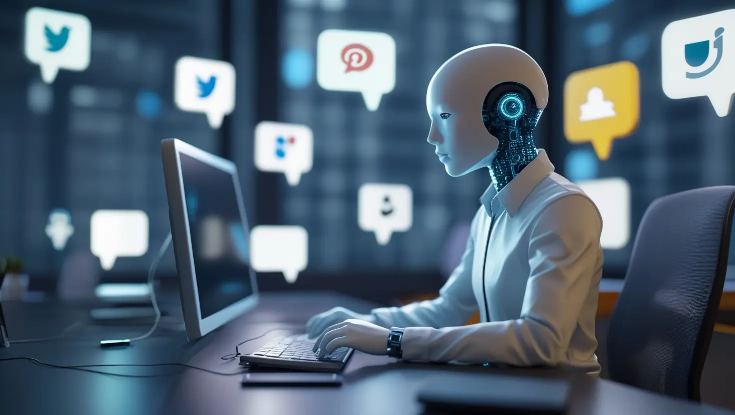 A humanoid AI robot typing on a computer in a modern office, surrounded by glowing social media icons, symbolizing artificial intelligence dominating the internet and online discussions.