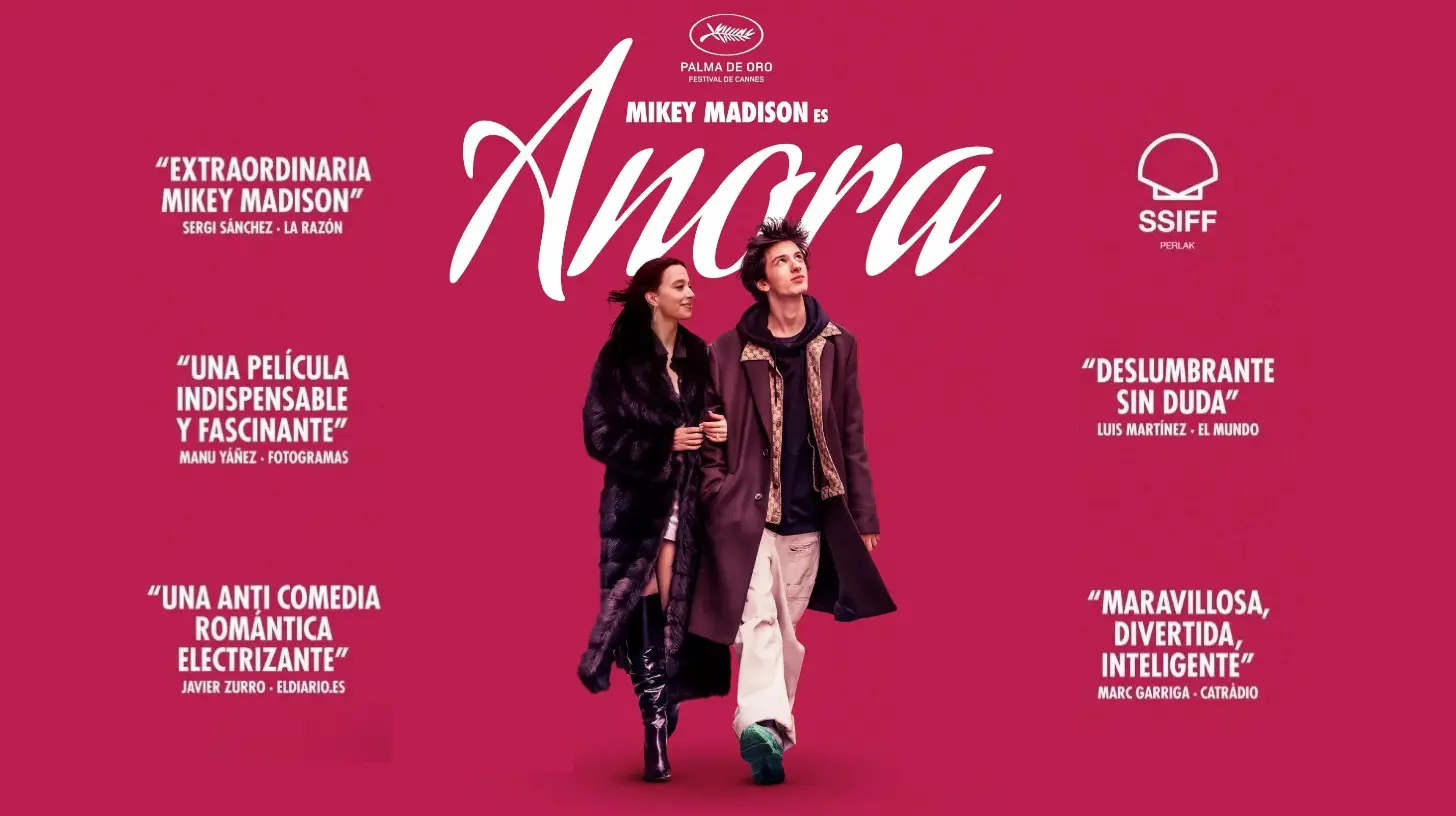 Official poster of Anora (2024), featuring Mikey Madison and co-star walking together. Anora is an indie film that redefines the modern Cinderella story."