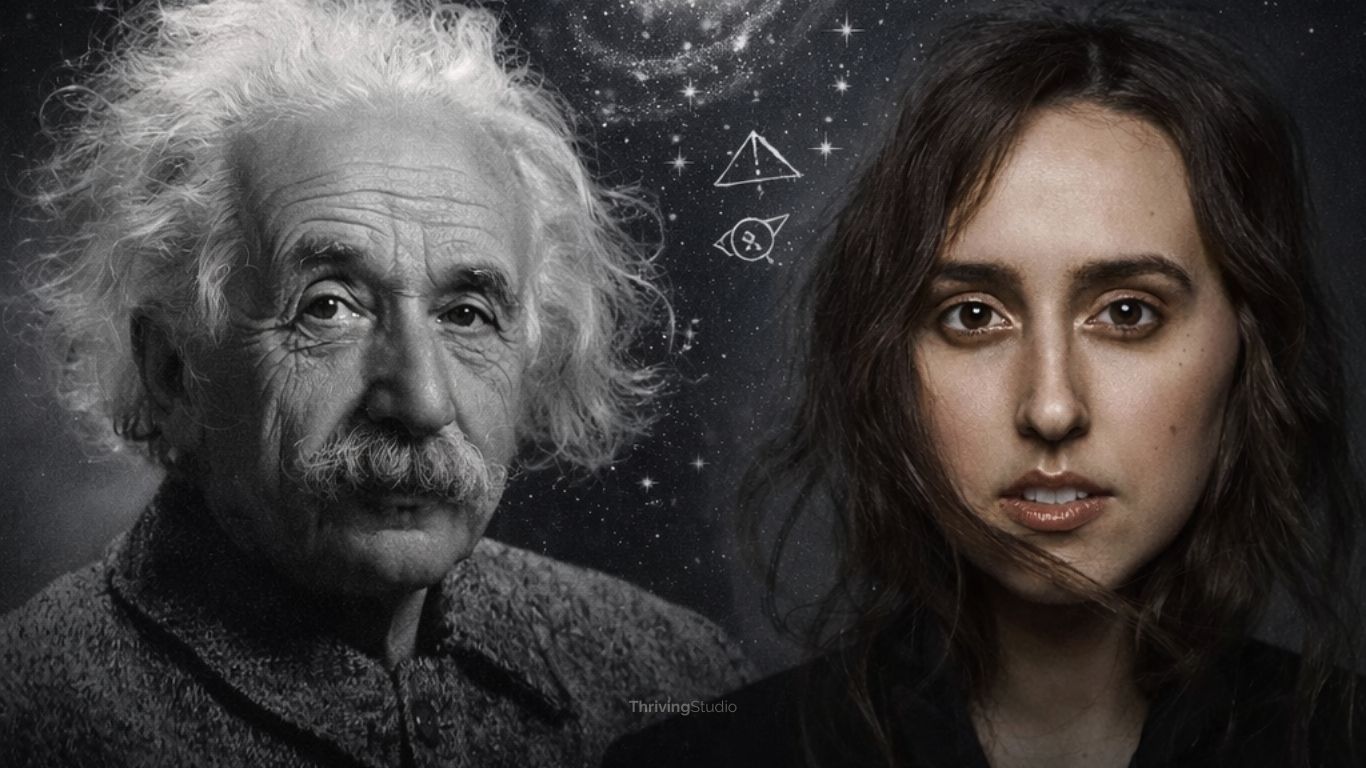 Conceptual illustration of two physicists from different eras against a space themed background